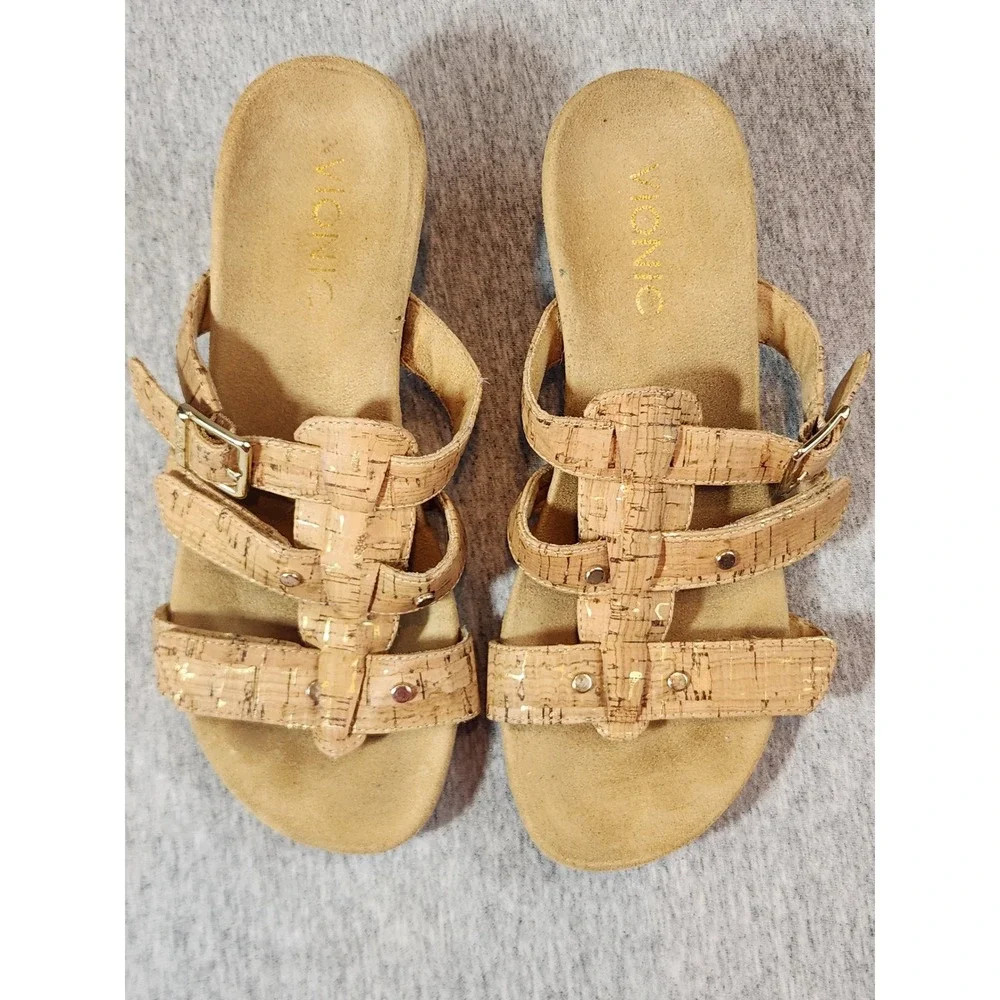 Vionic Wedge Sandals Womens 5 Tan Cork Metallic Gold Studded Strappy Slide